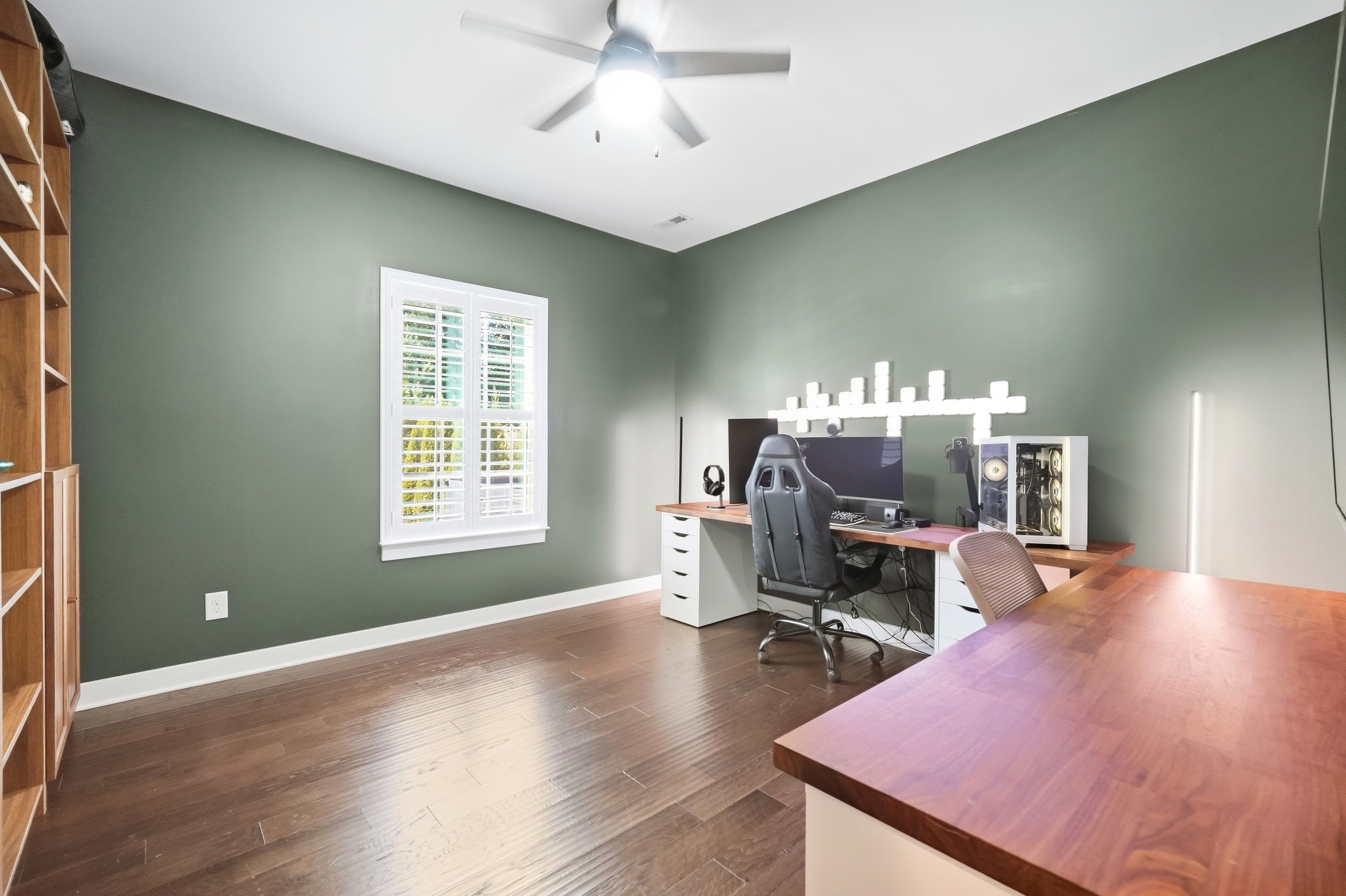 Study — wide view with sage green walls